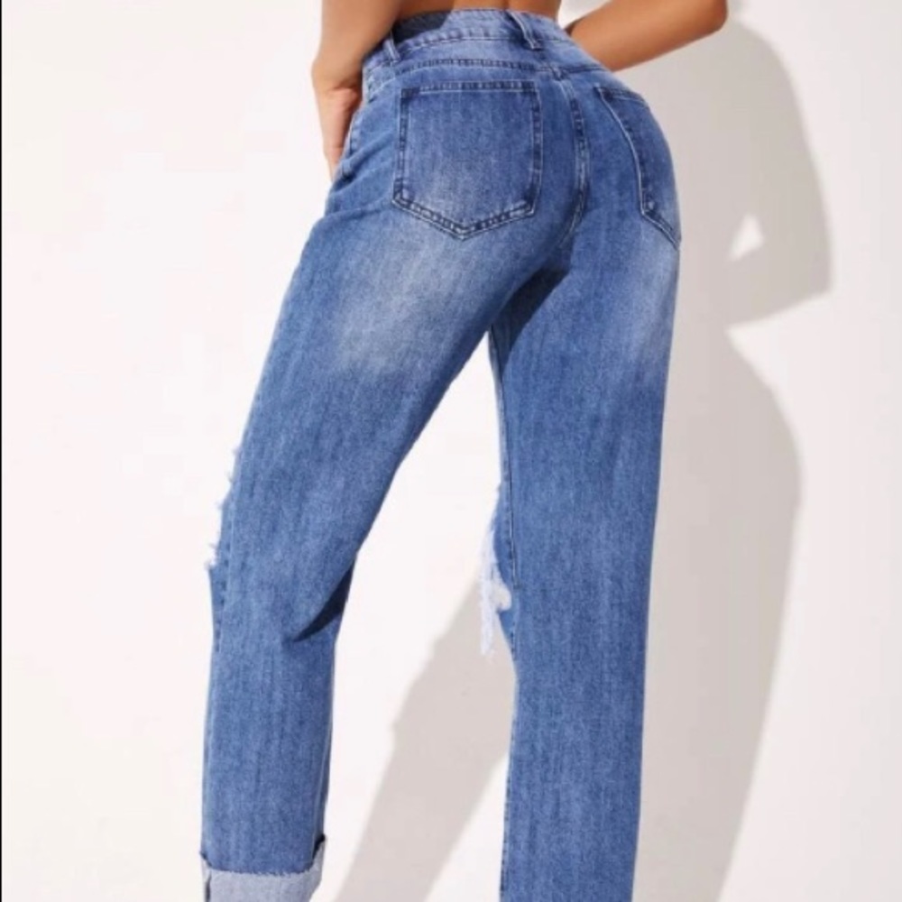 SHEIN Blue High Rise Distressed Ripped Jeans - Picture 2 of 3